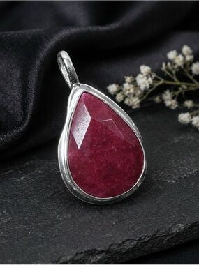 Teardrop Simulated Ruby Sterling Silver 2” Pendant